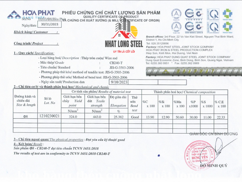 Thép Hòa Phát 5 chung chi chat luong cocq