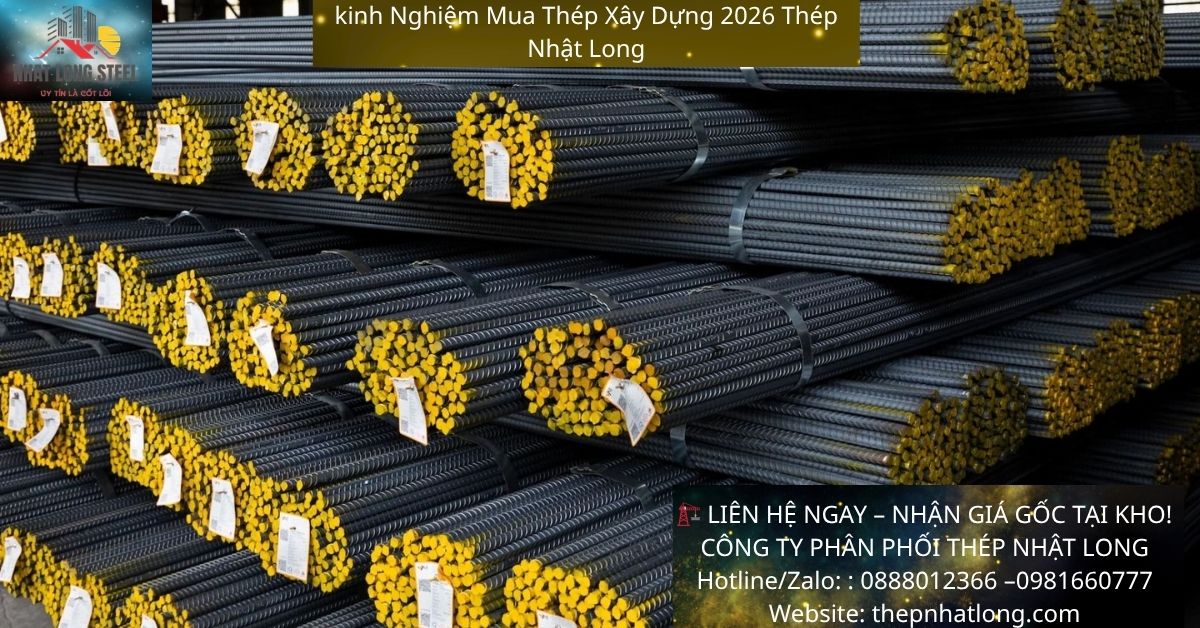 Hình ảnh kho thép xây dựng Nhật Long với các bó thép được tem nhãn đầy đủ cho năm 2026